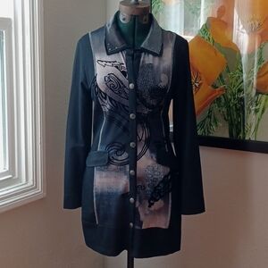 Dolcezza black mixed media button front jacket/dress, size medium
